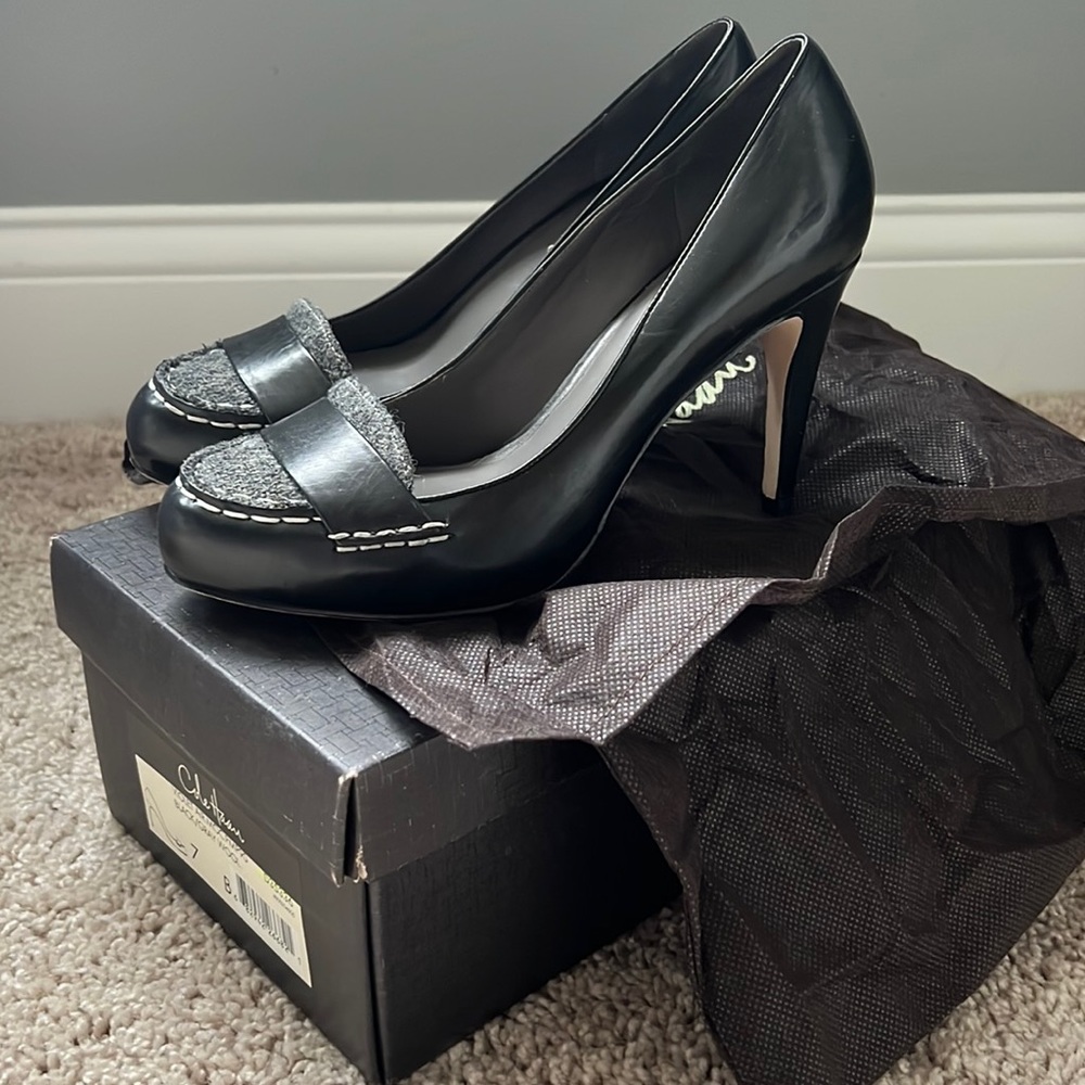 Cole Haan Pump, Black Leather (w Gray Wool), 7